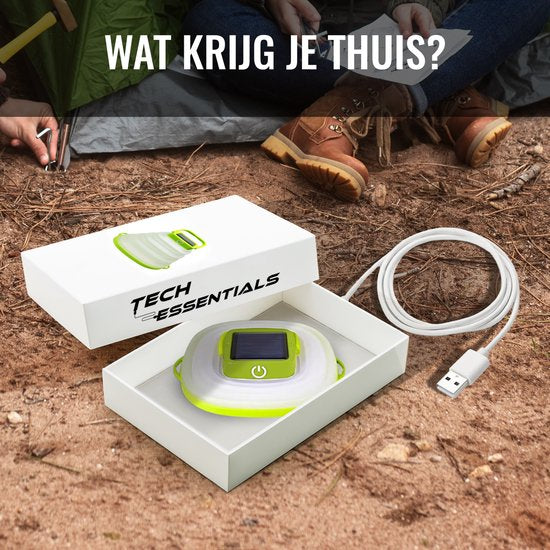 Tech Essentials Solar LED Laterne - faltbar - grün - Zeltlampe - Led Lampe wiederaufladbar - Camping - Notfall - Sturm - Hängelampe - Solarenergie