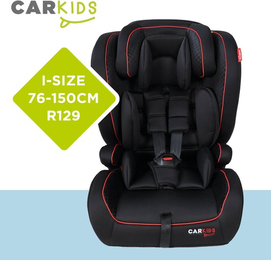 Carkids I-Size-Kindersitz Luca – Entspricht der Norm I-Size R-129 – Für Kinder von 76 bis 150 cm – Verstellbare Kopfstütze – Schwarz/Rot