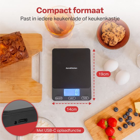 AoraKitchen Küchenwaage Digital - Usb Wiederaufladbar - 1g bis 15kg - Präzisionswaage - Tara
