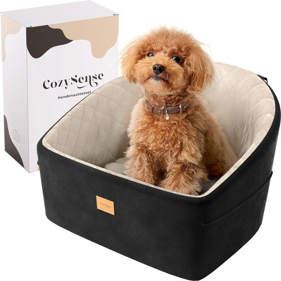 CozySense® Hundeautositz - Sicherer Hundekorb für kleine Hunde - Vorder- und Rücksitz - mit Sicherheitsgurt, Staufach und waschbarem Bezug - Schwarz/Beige