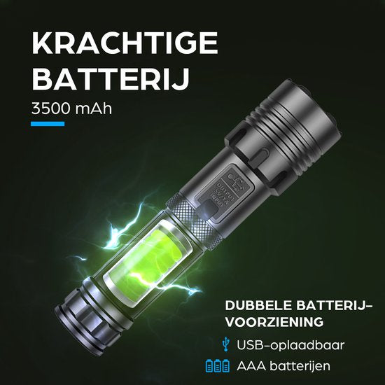 Exortus® Wiederaufladbare LED-Taschenlampe – 5000 Lumen – Langlebig und wasserdicht – 26650-Akku – COB-Beleuchtung – Aufbewahrungsbox – Holster
