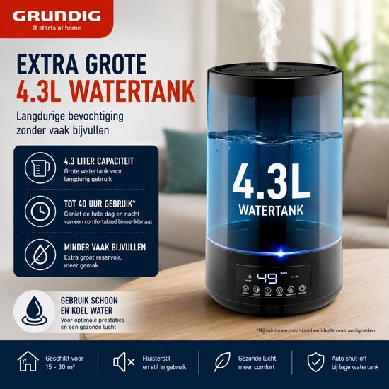 Grundig Luftbefeuchter HD-1903A – Ultraschall-Luftbefeuchter 4,3 l – mit Timer und Nachtlicht – inkl. Fernbedienung – Schwarz