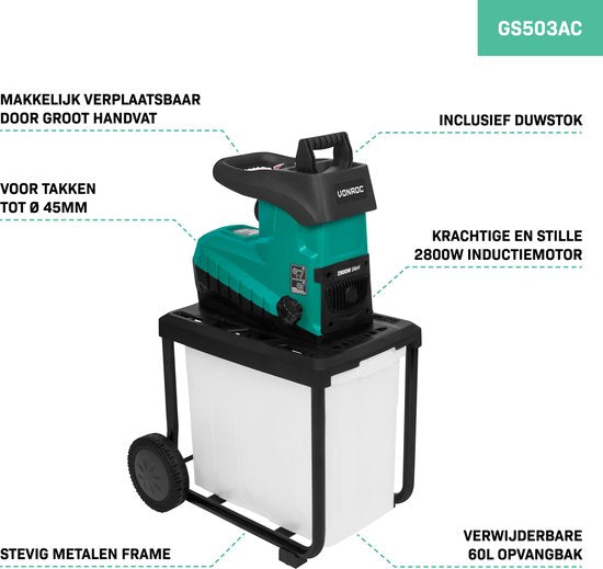 VONROC - Gartenhäcksler - Leise - 2800W - für Äste bis zu Ø45mm - Inkl. 60L Auffangbehälter & Schiebestock - Grün/Schwarz