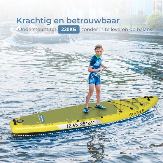 Supper Sup Board XL - Max. 220KG - Aufblasbar - Verstellbares Paddel - Wasserdichte Handytasche - Pumpe - Finne - Tragetasche - Touring 381 x 81 cm - Lime Green