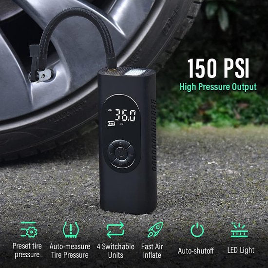 Fuegobird - 6000 mAh Elektropumpe - 150 PSI Fahrradpumpe - Elektrische Miniatur-Fahrradpumpe mit SOS-LED - Gebrauch: Für AUTO-Reifen - Fahrräder - Elektrofahrräder - Ballsportarten - Inklusive 2 Aufpumpschläuche - Schwarz