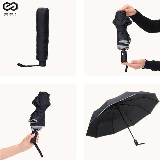 Infinity Goods Stormparaplu - Paraplu - 140 km/u - Reflecterend - Ã˜ 107 cm - Automatisch Uitklapbaar - Beschermhoes - Zwart