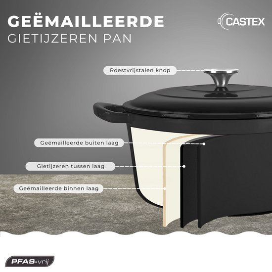Castex Elegance Royal Gusseisen Kasserolle - Mit Deckel - 24 cm - Induktionspfanne - Schwarz
