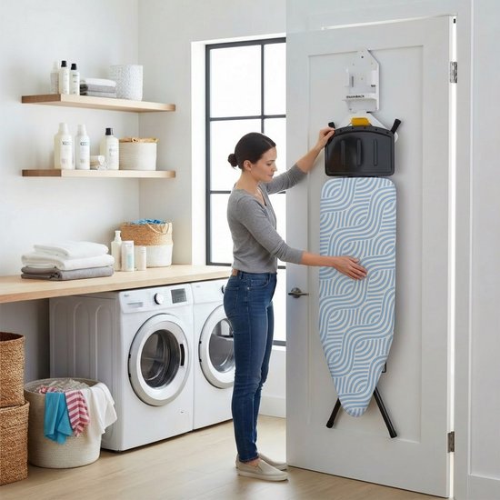 STAUS&BACH Bügelbrett X – für Dampfgenerator – 122 x 43,5 cm - Inklusive Ärmelbrett und Klappgestell - Höhenverstellbar von 76 bis 96 cm - Mit Halterung für Dampfbügeleisen - Blau - Ironiq Pro