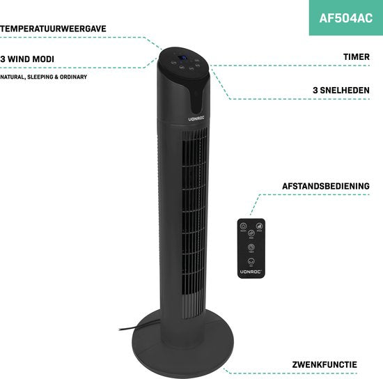 VONROC Luxury Fan - Turmventilator - Höhe 86 cm - Inkl. Fernbedienung - 3 Geschwindigkeiten - Schwenkfunktion - 15-Stunden-Timer - Schwarz