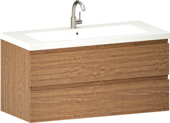 Mirlux Badmöbel Eiche Warm 100 cm - Waschbecken Weiß - Badmöbel-Set - Waschbeckenschrank Eiche Warm