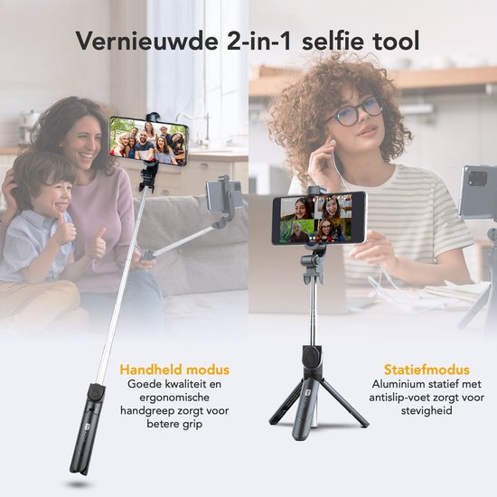 Studio ME - 3-in-1 Selfie Stick & Stativ - 19 bis 70 cm - Mit Bluetooth-Fernbedienung - Universelles Telefonstativ - Kompakt & Tragbar - Schwarzer Kunststoff & Edelstahl