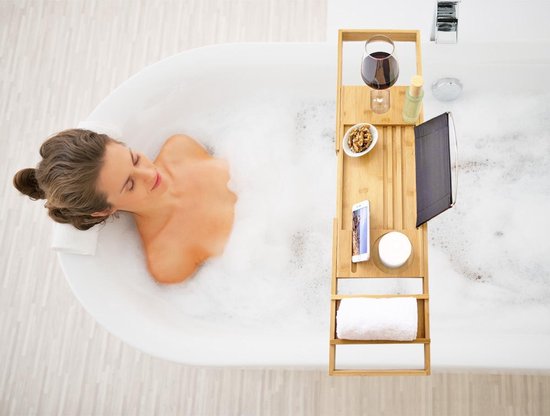 Budu Badebrett Bambus - Badebrett Holz - Badebrett für die Badewanne - Verstellbar / Ausziehbar - Badeständer - Bambus Badeständer - 70-105 cm