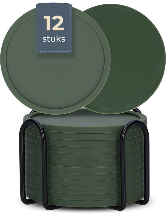 Castagnola Silikon-Untersetzer - Untersetzer für Gläser - Design-Untersetzer mit Halter - Untersetzer-Set - Anti-Rutsch - 12er-Set - Grün