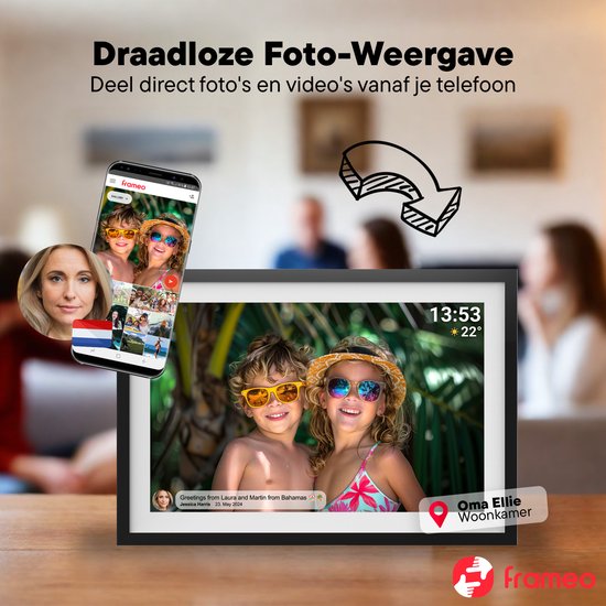 Denver Digitaler Fotorahmen - 10,1 Zoll Bildschirm - HD - Frameo App - WiFi - IPS-Touchscreen - 16GB - Schwarz