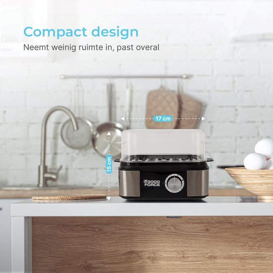 GoodForce Automatischer Eierkocher - Mit Timer - Mit Alarm - 6 Eier - Elektrisch - Inklusive Messbecher - Inklusive Eierstecher - Edelstahl - Spülmaschinenfest