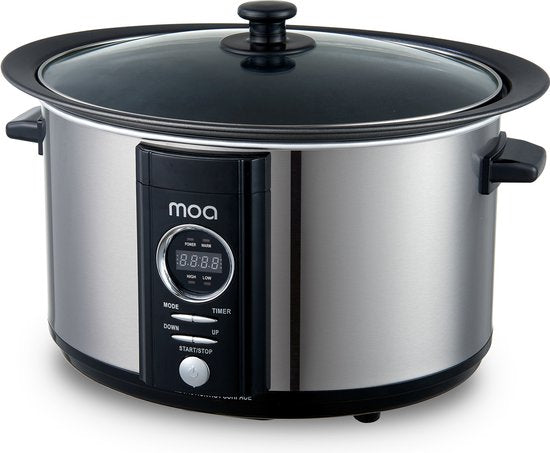 MOA Slowcooker mit Timer - 6,5L - Ø 24,5cm - Aluminium Innenbehälter - Transparenter Deckel - 3 Heizstufen - Spülmaschinenfest - BPA-frei - Edelstahl