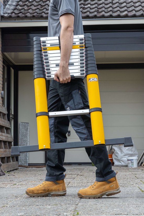 JCB by Batavia Teleskopleiter Limited Edition - Ausgestattet mit Soft-Close-System und Winkelindikator und rutschfesten Sprossen - Für Profis und Heimwerker - Silber Aluminium - 83 - 327 x 83,5 x 8 cm