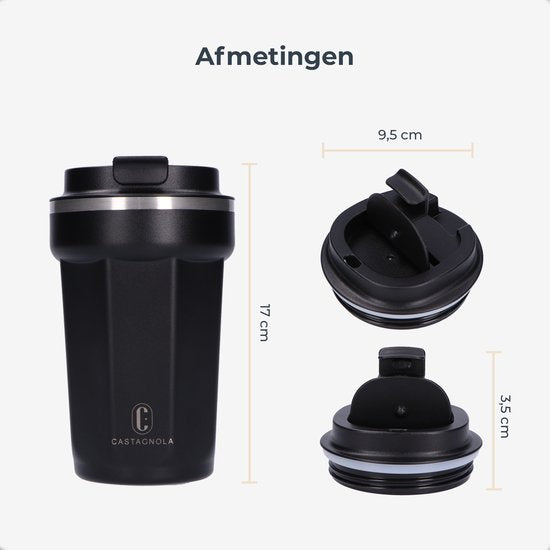 Castagnola Thermos Cup - Kaffeebecher To Go - Reisebecher für Kaffee und Tee - Teebecher - 380 ML - Edelstahl - Schwarz - Octagon