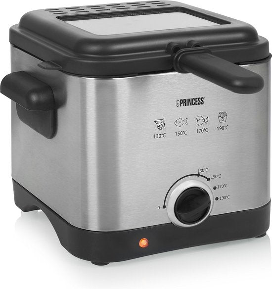 Princess Mini-Fritteuse 182612 - 1,5 Liter - Einstellbarer Thermostat - Geruchsfilter - Sichtfenster - Kompakt - Geeignet für Camping - 1000W - Gebürsteter Edelstahl