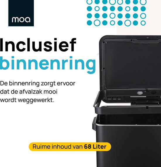 MOA Mülleimer mit Sensor - 68 Liter - Abfalleimer - Edelstahl und langlebiges ABS - Rutschfest - Geräuschloser Deckel - Schließverzögerung - Schwarz - SB03B