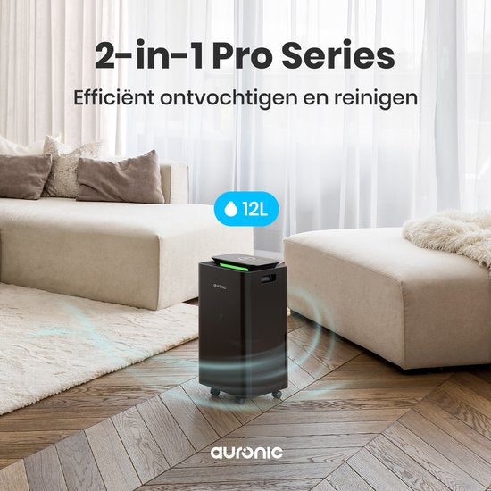 Auronic Luftentfeuchter und Luftreiniger - Pro Series - 12L pro Tag - Waschtrockenfunktion - Schlafzimmer, Badezimmer und Wohnzimmer - Feuchtigkeitsabsorber für das Haus - Schwarz