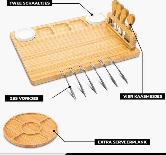 Kicinn Trinkbrett - Tapasbrett - Käsebrett - Servierbrett - Trinkbrett Holz - Inkl. Käsemesser, Gabeln, Schalen und extra Servierbrett - Bambus