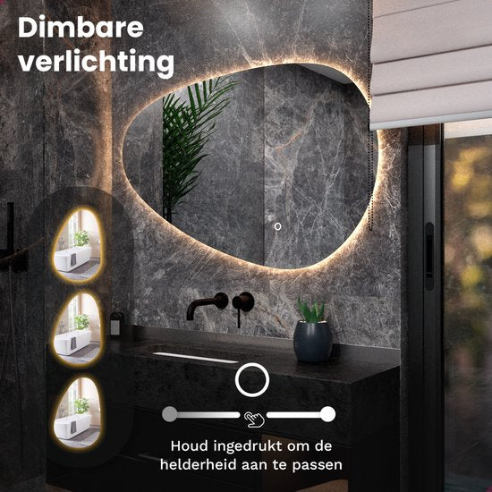 Mirlux Badezimmerspiegel mit LED-Beleuchtung - Asymmetrisch - Organischer Wandspiegel - Anti-Kondensations-Duschspiegel - Wandspiegel 120x75CM