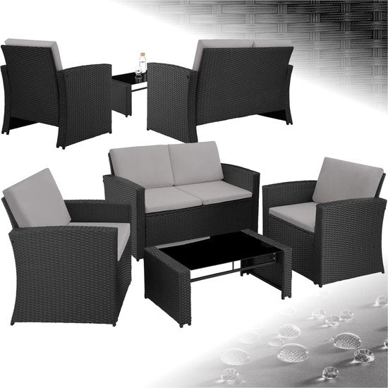 tectake Geflecht-Gartenset für 4 Personen - 2-sitzige Gartenbank und 2 Gartenstühle - Tisch mit abnehmbarer Glasplatte - Bequeme Sitz- und Rückenkissen - Lounge-Set für Garten, Terrasse, Balkon - Schwarz