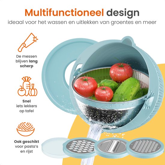 Goliving Salatschüssel - 2,5L - Ø 26 cm - Rührschüssel - Sieb - Bratschüssel mit Deckel - Servierschüssel - Gemüseschneider - Hackmesser - Blau