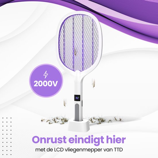 TTD® Premium Elektrische Fliegenklatsche und Mückenlampe Wiederaufladbar mit XXL 2 Meter Ladekabel und LCD Bildschirm - 2 Stufen Fliegenklatsche und Mückenlampe - 2500 Volt - Wiederaufladbar über USB und Steckdose - Mit Sicherheitsnetz - UV Licht - Fliege
