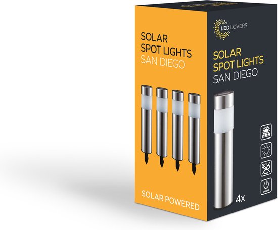 LED Lovers Solar Gartenleuchte - Mit Erdspießen - 4er Set - Wegeleuchte mit Lichtsensor - Edelstahl - 8-10 Brennstunden - 27cm