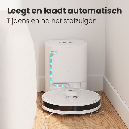 Auronic Staubsaugerroboter - Mit Wischfunktion - WiFi und App - Ladestation - Haustiere - Wischroboter - Lasernavigation - Automatische Entleerungsstation - Weiß