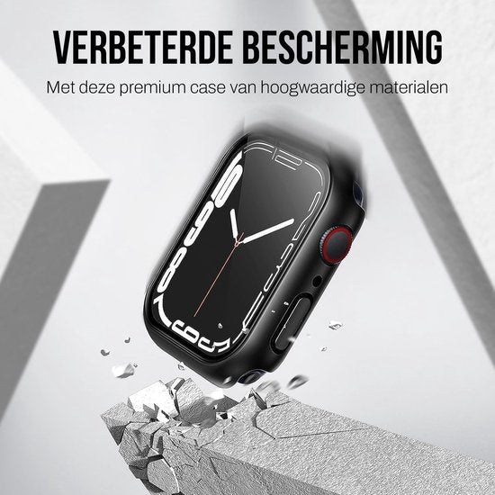 Gehäuse passend für Apple Watch Series 7 / 8 / 9 - 45 mm Displayschutzfolie - 2 Stück - Full Cover Hard Case - Schwarz - Podec