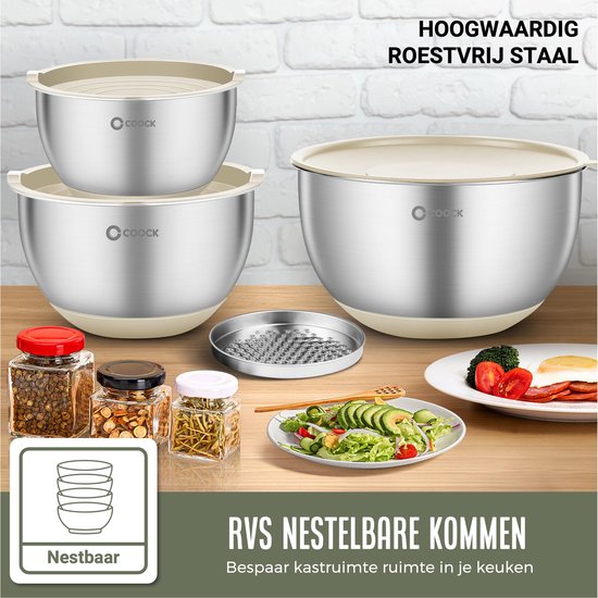 COOCK Edelstahl Rührschüsselset mit Deckel - Bratschüsseln mit Deckel - Vorratsschüssel mit Reibe - Schüssel für Salate & Mischungen - 22-teiliges Set 1,5 bis 5 Liter - Beige - inkl. Messlöffel