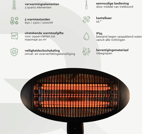 BRASQ Elektrischer Terrassenheizer Pendant PHW100 - Heizung 2000W - 3 Heizstufen - Innen und Außen - Spritzwassergeschützt - Schwarz