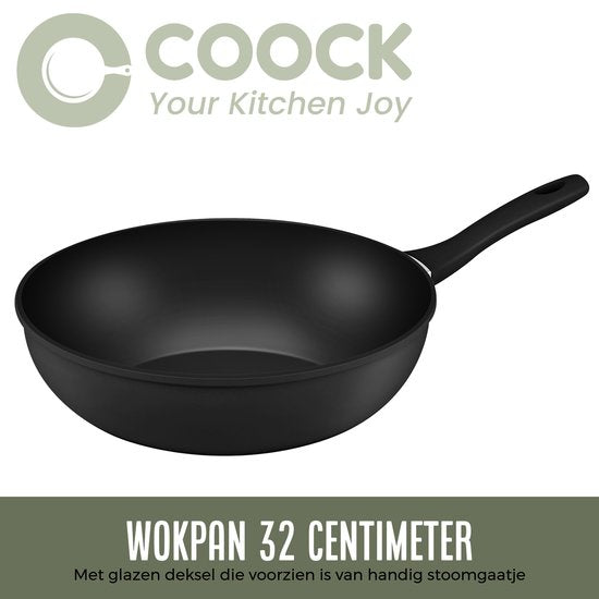 COOCK Wokpfanne Induktion 32cm - Spezial-Antihaftbeschichtung - Pfanne mit Deckel - Recyceltes Aluminium - Schwarz - Inklusive E-book