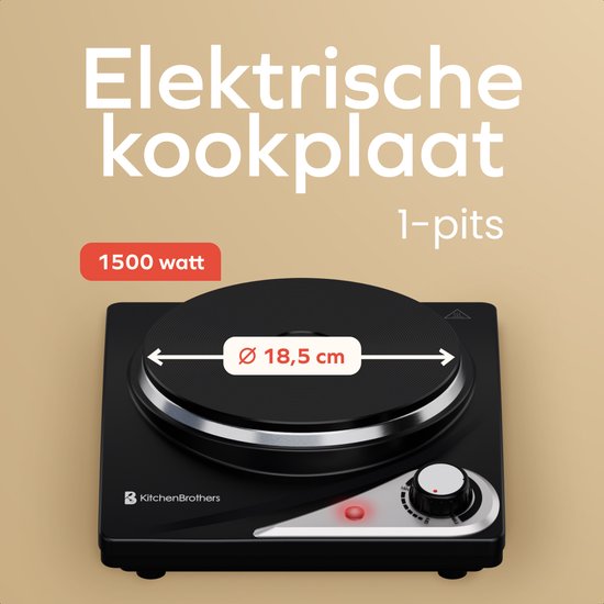 KitchenBrothers Elektrokochfeld - 1 Brenner - Freistehend - 7 Temperaturstufen - 1500W - Schwarz