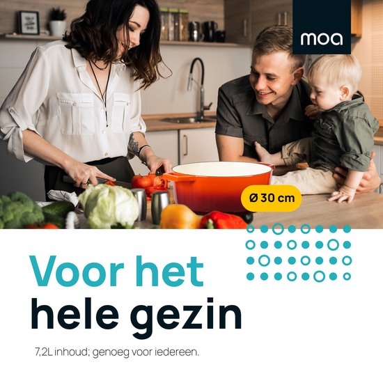 MOA Gusseisen-Kasserolle - 7,2L - Für alle Wärmequellen inkl. Induktion - Mit Deckel - Ø 30cm - Antihaftbeschichtung - Orange