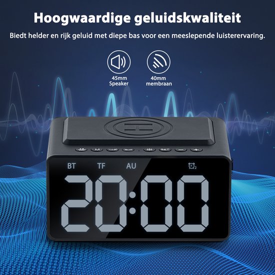 Digitaler Wecker - mit Radio, Bluetooth und kabellosem Ladegerät - Radiowecker - Snooze-Funktion - Schwarz - von Faas