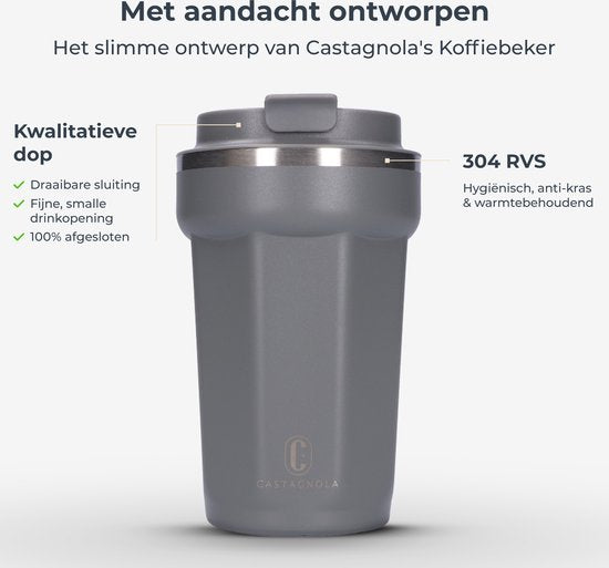 Castagnola Thermos Cup - Kaffeebecher To Go - Reisebecher für Kaffee und Tee - Teebecher - 380 ML - Edelstahl - Grau - Octagon