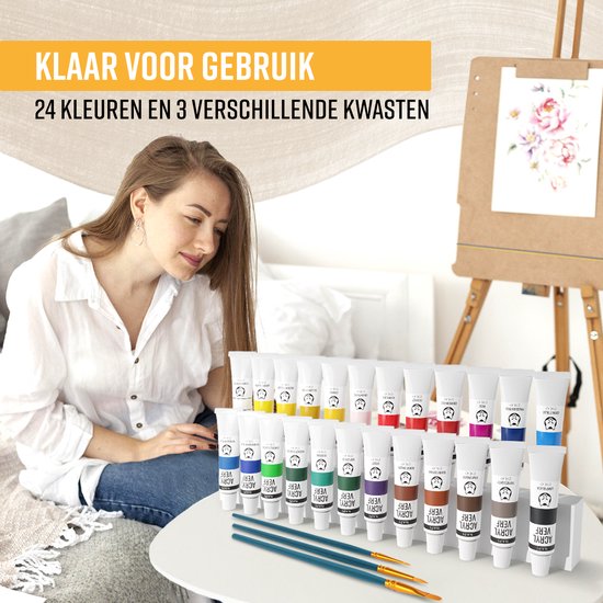 NAPI Acrylfarbe 24 Farben + 3 Pinsel - Gebrauchsfertig - Inklusive Farbkreis - Hobby-Farbset - Malen mit Acrylfarbe - 24 Tuben