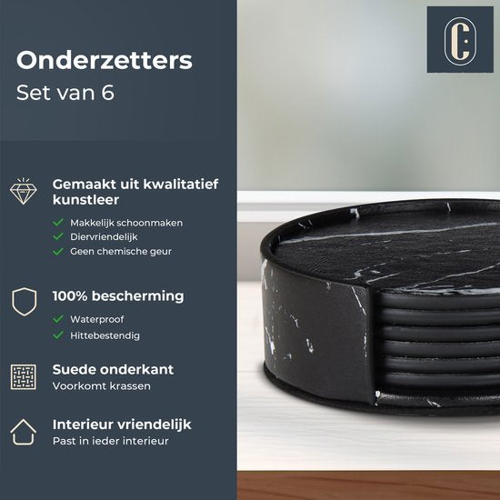 Castagnola Kunstleder-Untersetzer - Untersetzer für Gläser - Design-Untersetzer mit Halterung - Leder-Untersetzer-Set - Leder - 6er-Set - Marmor-Look - Schwarz/Weiß