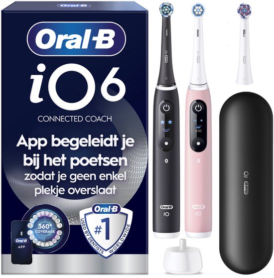 Oral-B iO 6 Elektrische Zahnbürste, Doppelpack – Schwarz und Rosa – 3 Aufsteckbürsten – Premium-Reisetui