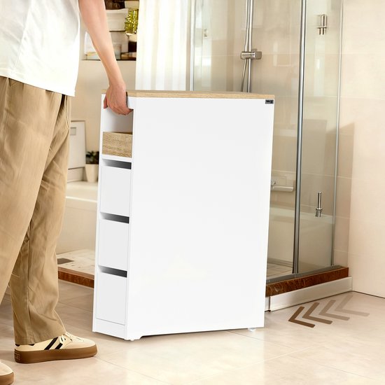 SoBuy Toilettenschrank 20 cm, Badezimmerschrank mit 3 Schubladen, kleiner Toilettenpapierschrank, mobiles Regal für Bad, WC und Küche, weiß, 60 x 20 x 82,3 cm