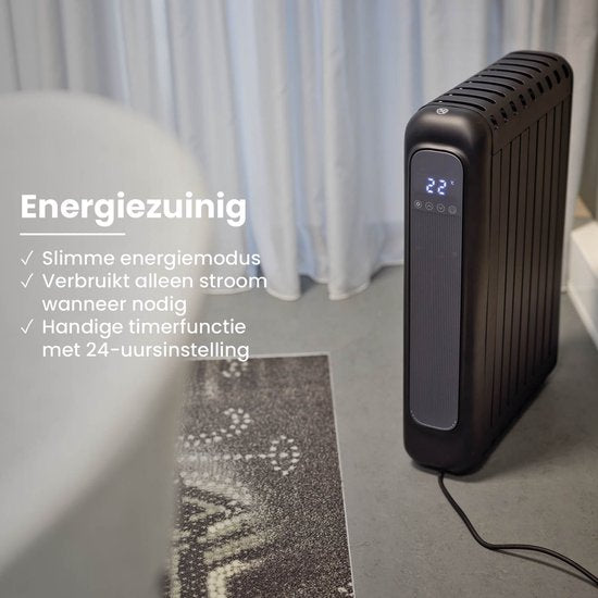 QLT Elektroheizung mit App-Steuerung, Thermostat und Timer - Konvektorheizung - Ölfreier Heizkörper mit Rädern und Wandoption - Bis zu 20m² - Schwarz