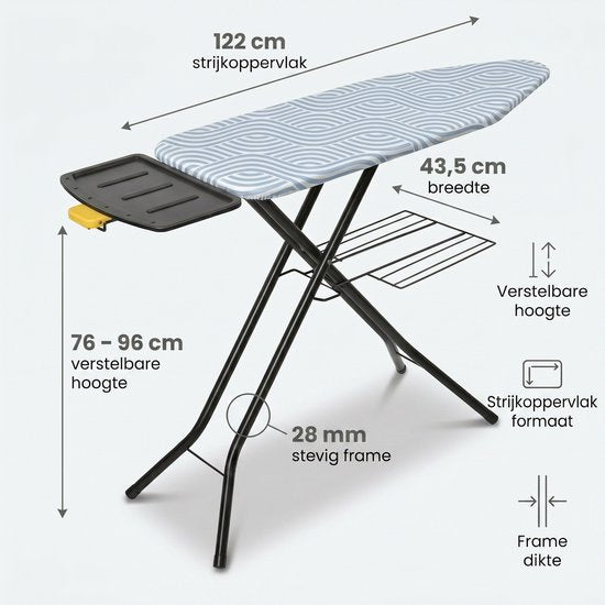 STAUS&BACH Bügelbrett X – für Dampfgenerator – 122 x 43,5 cm - Inklusive Ärmelbrett und Klappgestell - Höhenverstellbar von 76 bis 96 cm - Mit Halterung für Dampfbügeleisen - Blau - Ironiq Pro