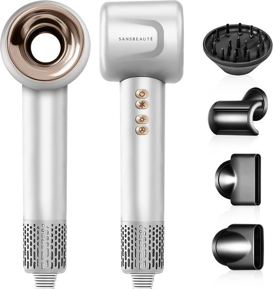 Sansbeauté® Haartrockner mit Diffusor - Locken - 110.000 Umdrehungen pro Minute - Ionen-Haartrockner mit Bürste - 4 Aufsätze - Reisehaartrockner - Curl Feun Set - Sèche Cheveux - Haartrockner mit Defusor - Haarföhn - 1600W