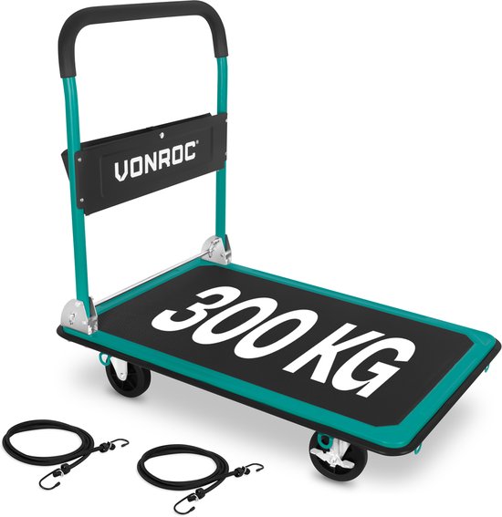 VONROC Plattformwagen - klappbar - Tragfähigkeit max. 300 kg - große Ladefläche 90x60 cm - Transportwagen - inklusive Zurrgurte