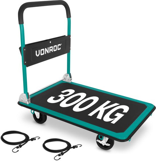 VONROC Plattformwagen - klappbar - Tragfähigkeit max. 300 kg - große Ladefläche 90x60 cm - Transportwagen - inklusive Zurrgurte