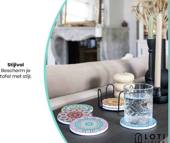 Loti Living Untersetzer mit Halter - Untersetzer Design - Untersetzer Kork - Untersetzer Set - Untersetzer für Gläser - 6 Stück - Mandala Design